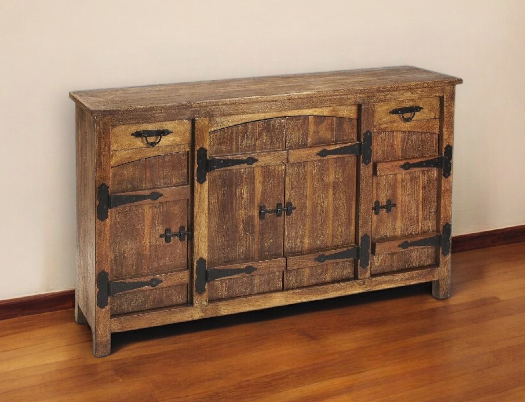 60" Brown Wood Two Drawer and Four Door Rustic Sideboard