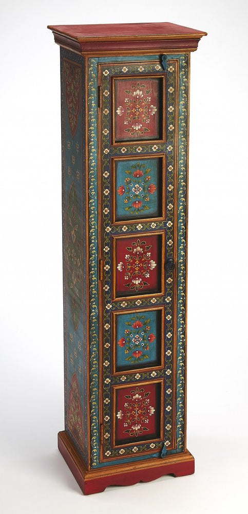 60" Red, Blue, and Gold Bohemian Hand Painted Accent Cabinet