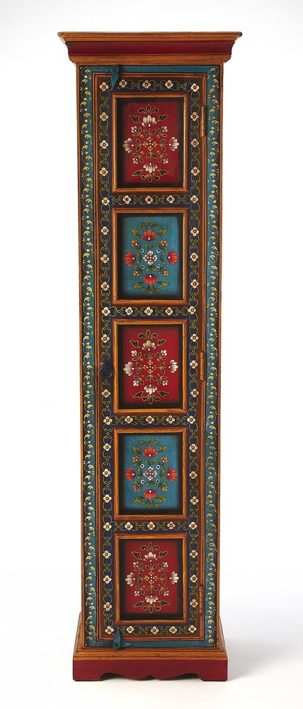 60" Red, Blue, and Gold Bohemian Hand Painted Accent Cabinet