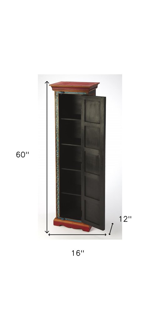 60" Red, Blue, and Gold Bohemian Hand Painted Accent Cabinet