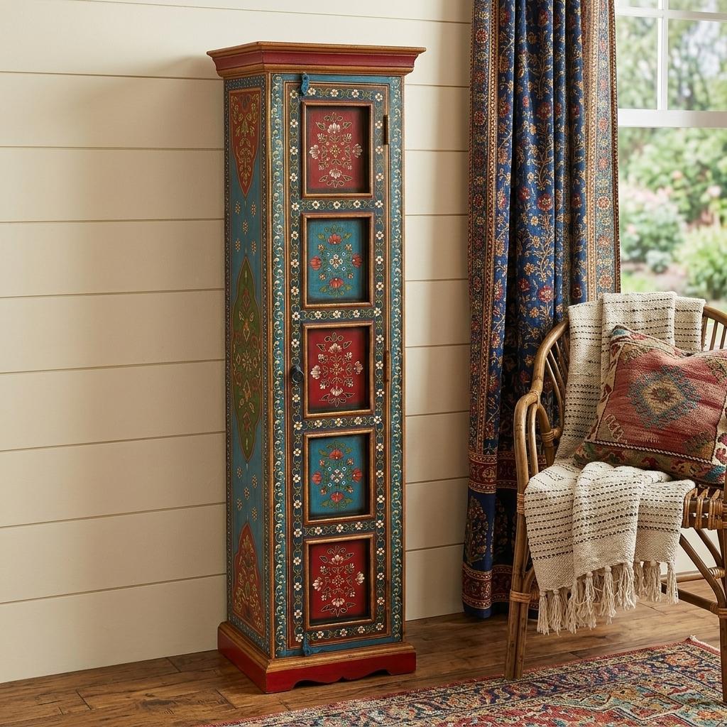 60" Red, Blue, and Gold Bohemian Hand Painted Accent Cabinet