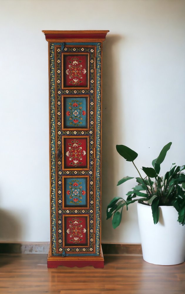 60" Red, Blue, and Gold Bohemian Hand Painted Accent Cabinet