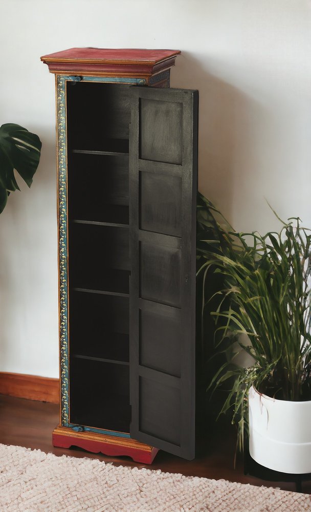 60" Red, Blue, and Gold Bohemian Hand Painted Accent Cabinet