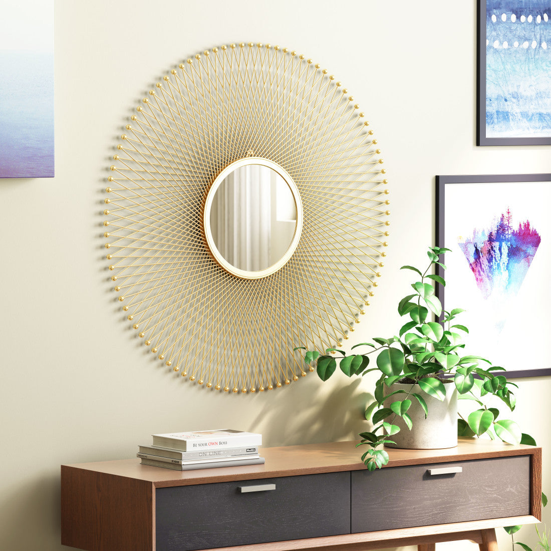 35" Gold Round Pin Framed Mirror