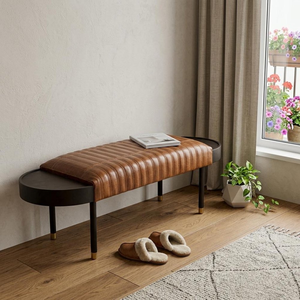 58" Brown and Black Leather Wrapped Bench