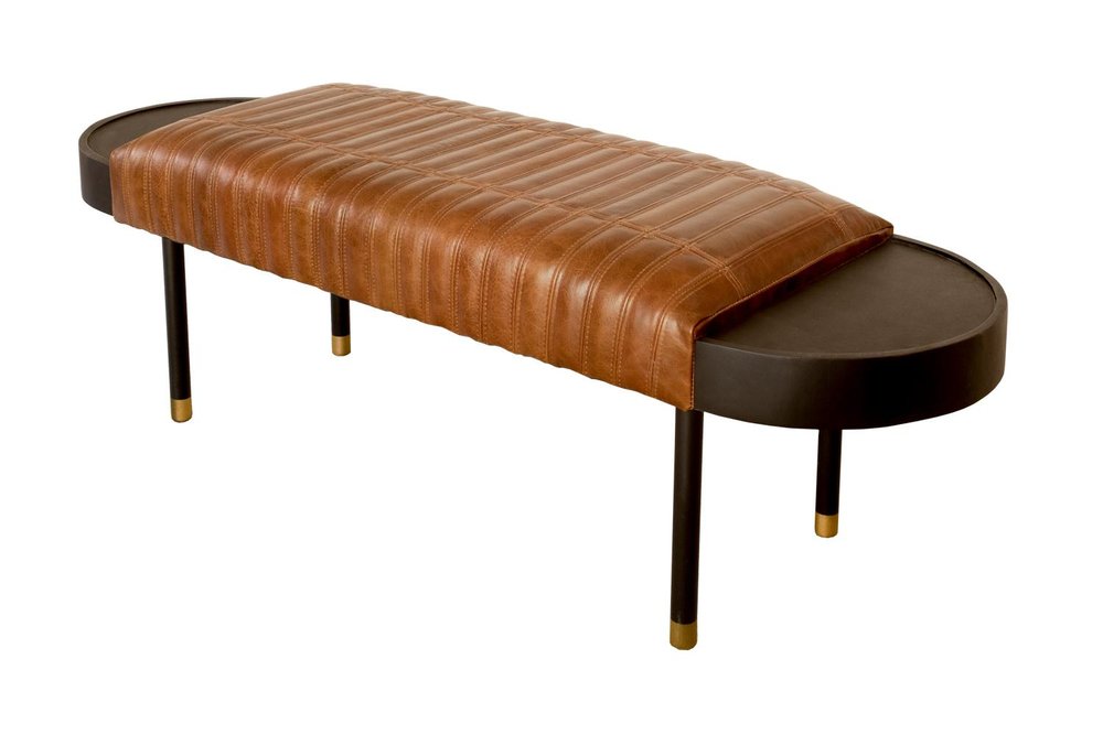 58" Brown and Black Leather Wrapped Bench