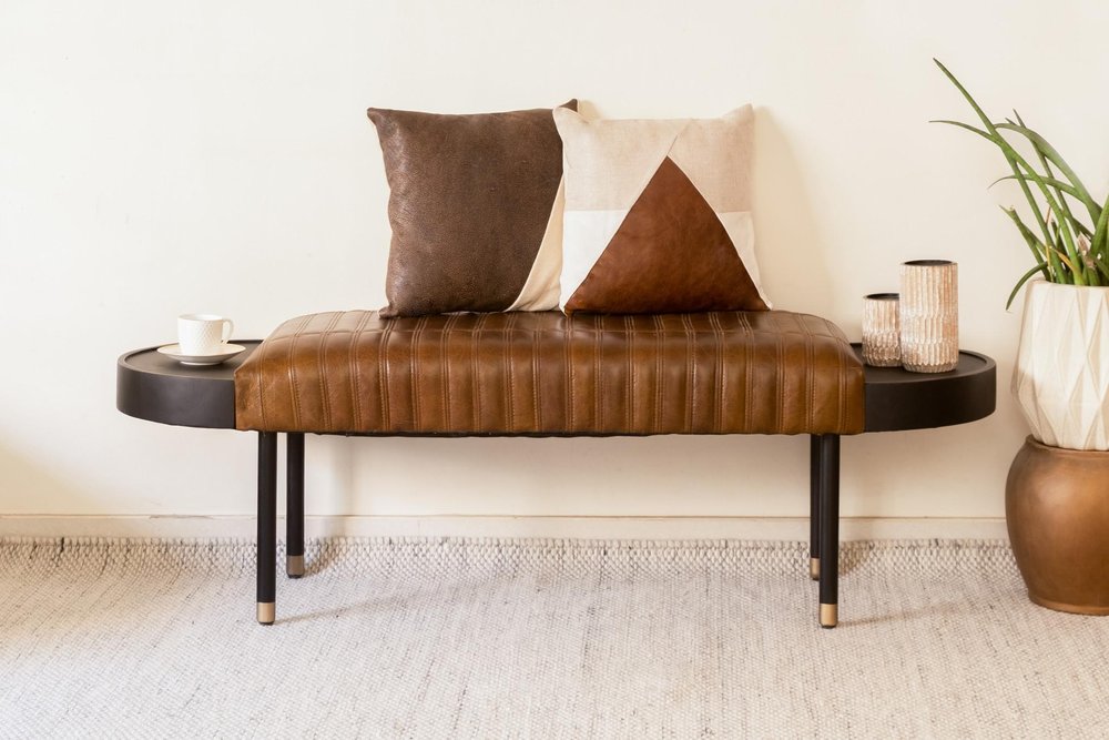 58" Brown and Black Leather Wrapped Bench