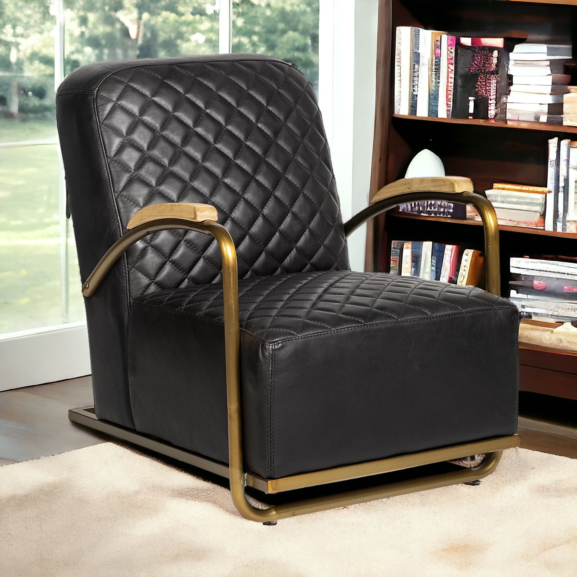 35" Black and Gold Diamond Tuft Deep Chair
