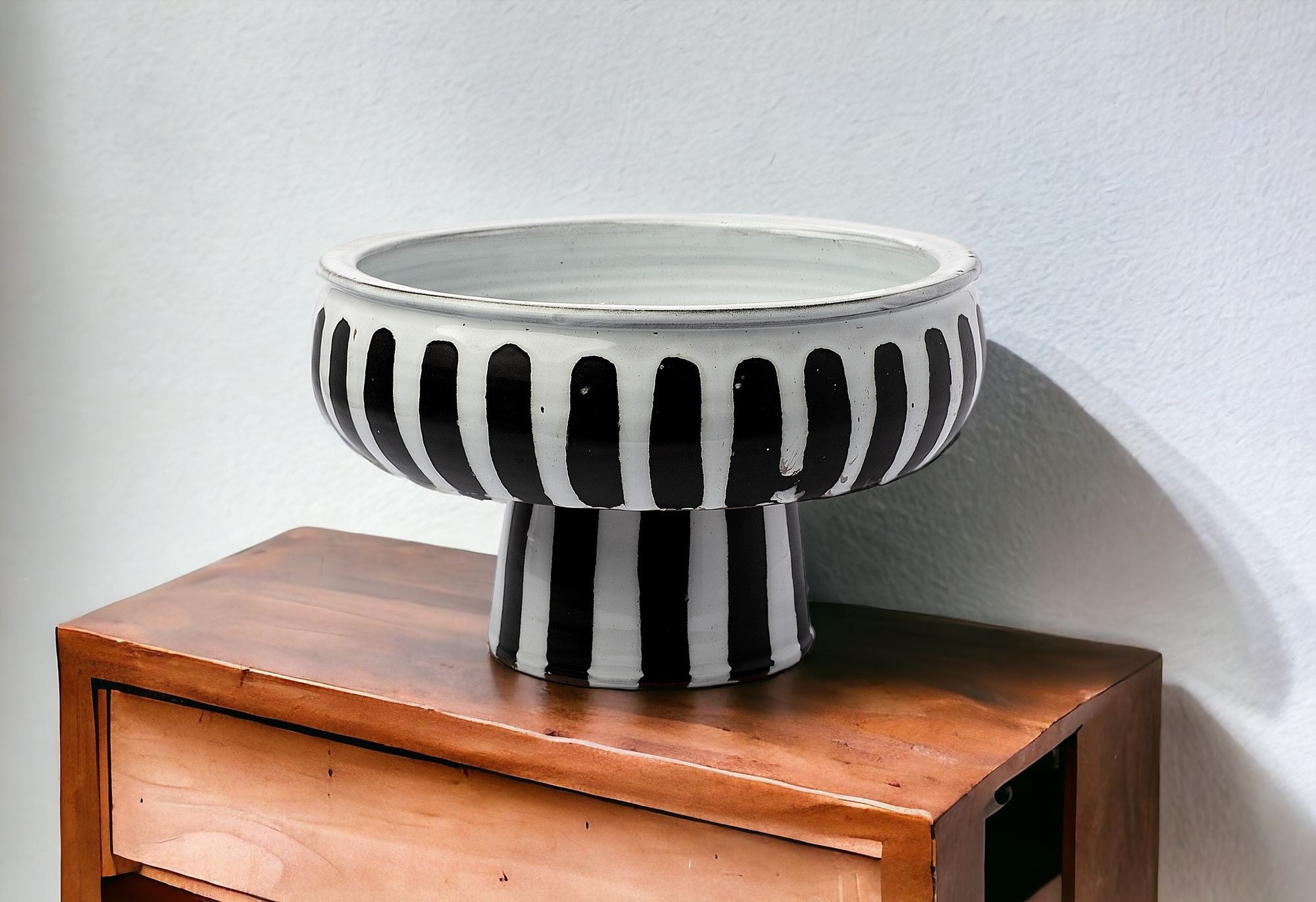 14" White and Black Ceramic Striped Table Vase
