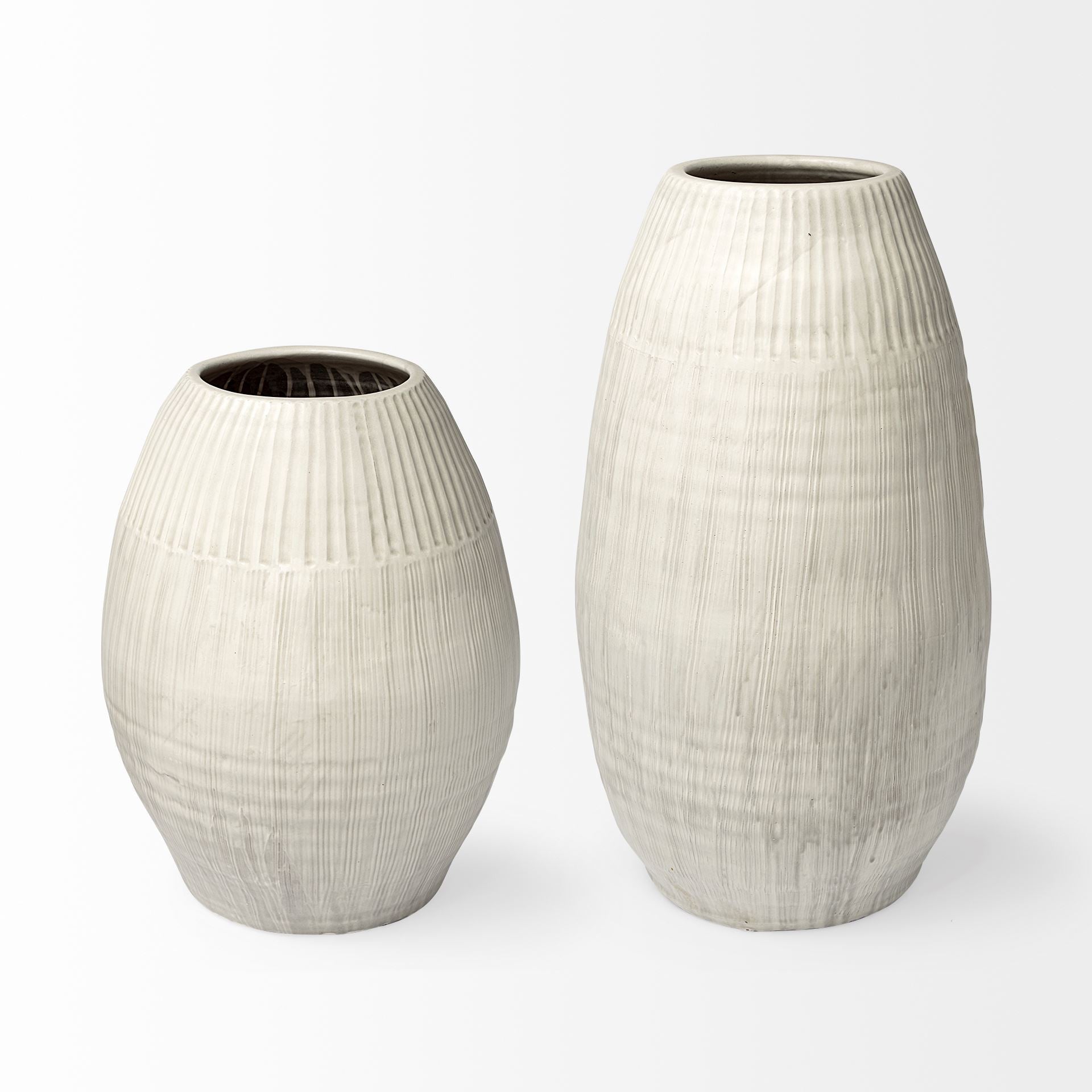 21" White Embossed Striped Ceramic Vase