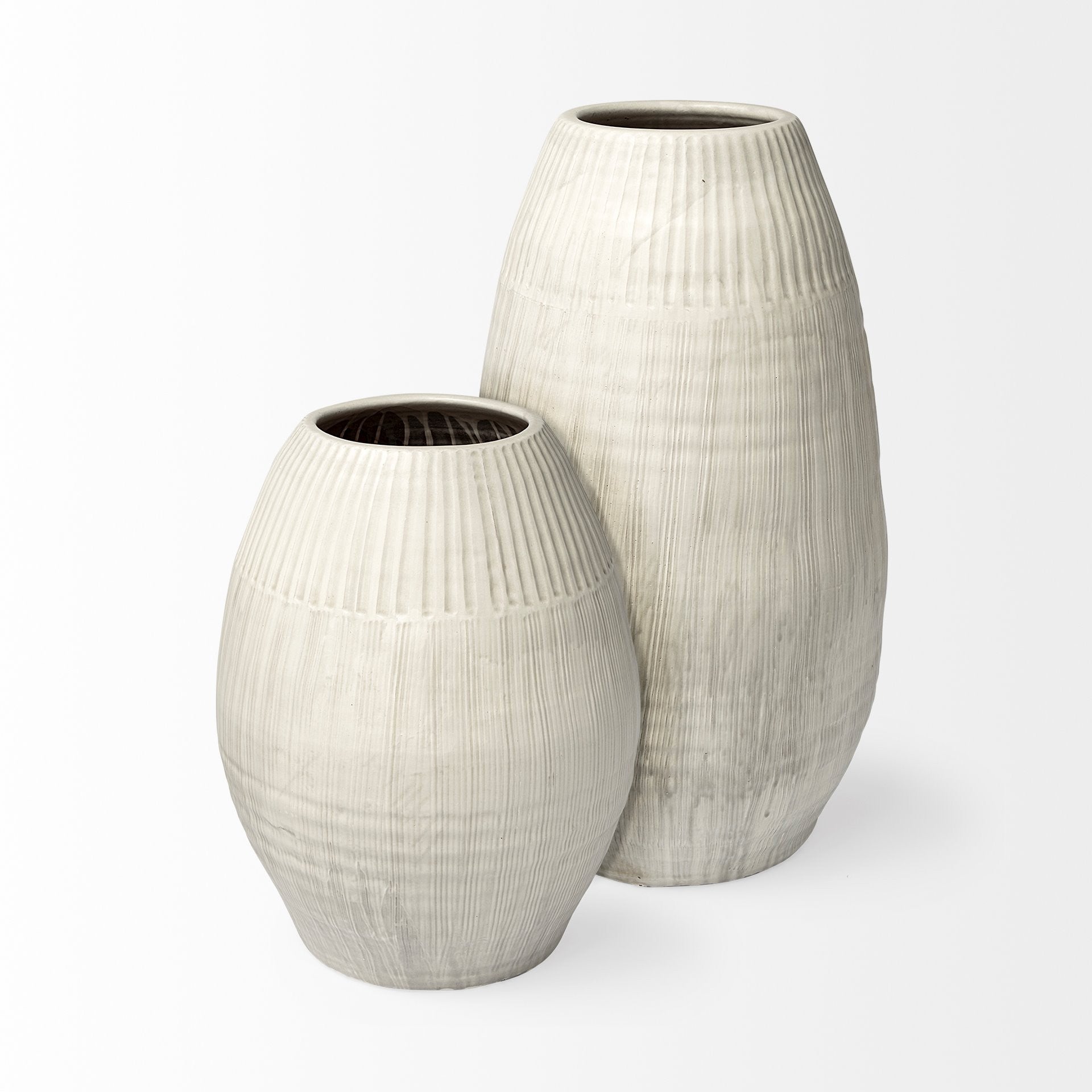 21" White Embossed Striped Ceramic Vase