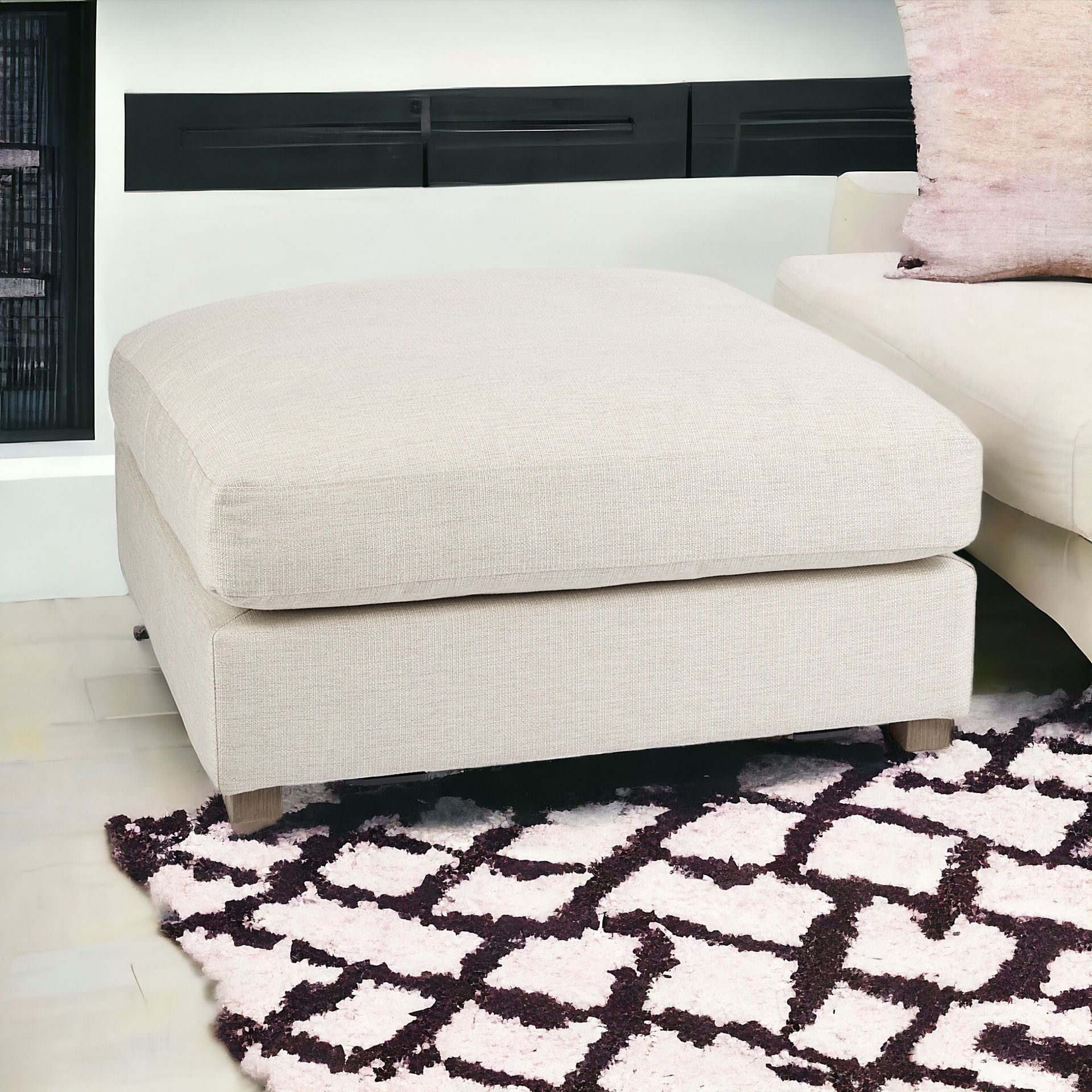 39" Polyester and Wood Square Ottoman
