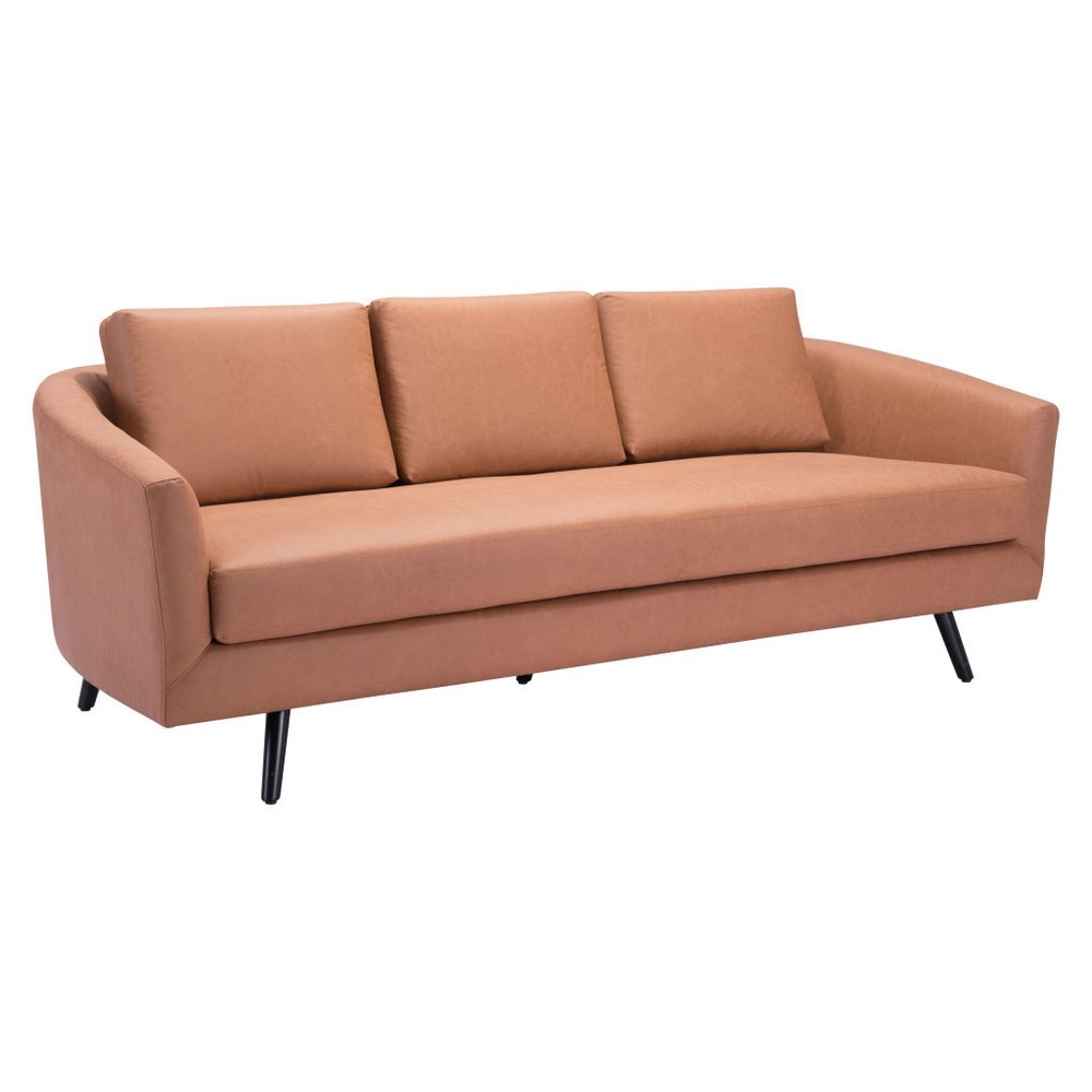 79" Light Brown Faux Leather Mid-Century Sofa
