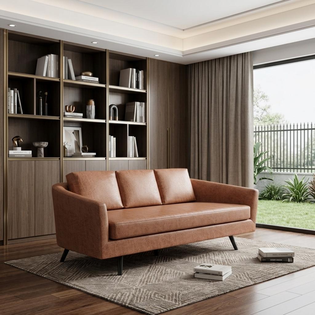 79" Light Brown Faux Leather Mid-Century Sofa