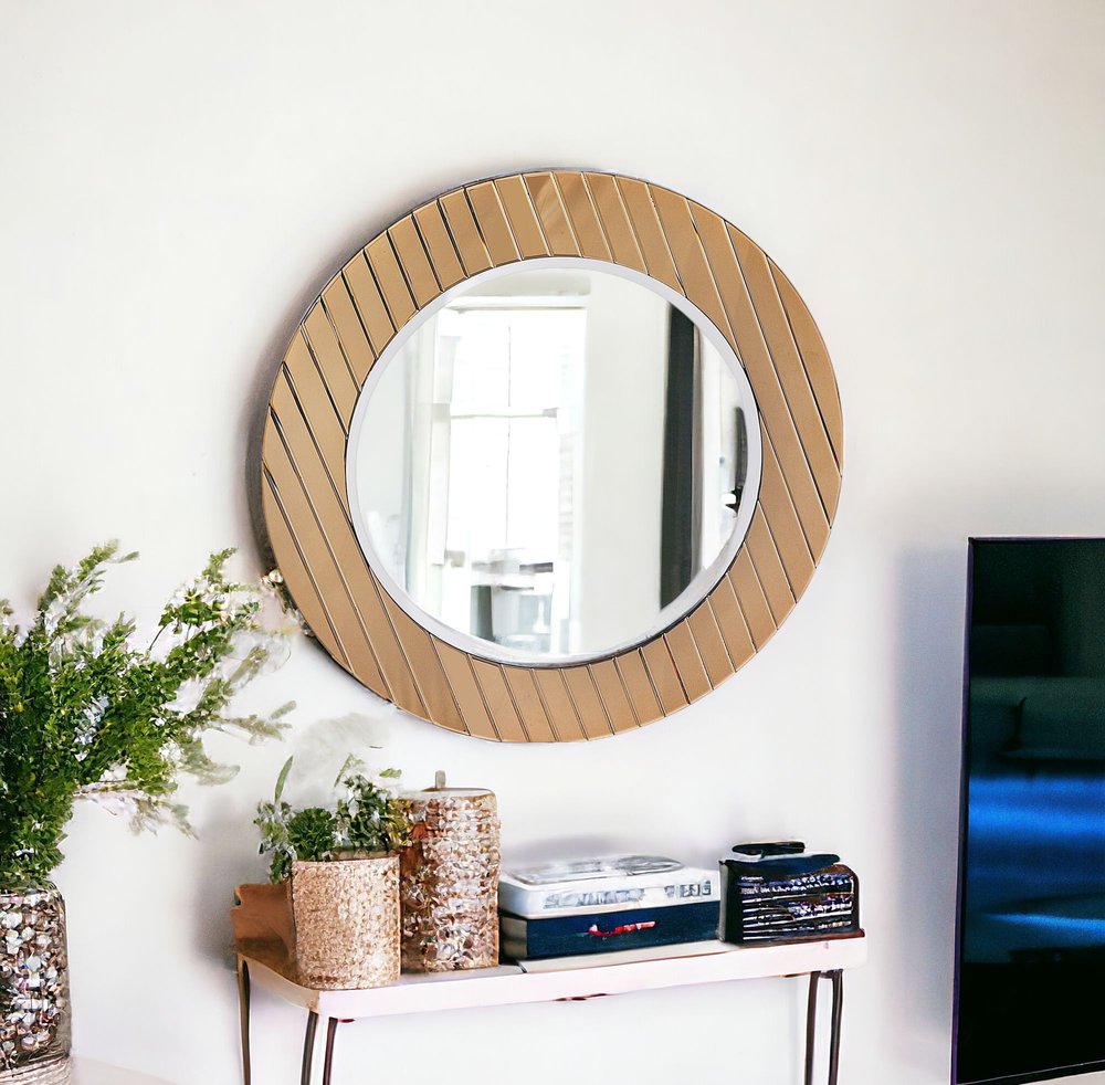 35" Striped Gold Round Beveled Glass Mirror