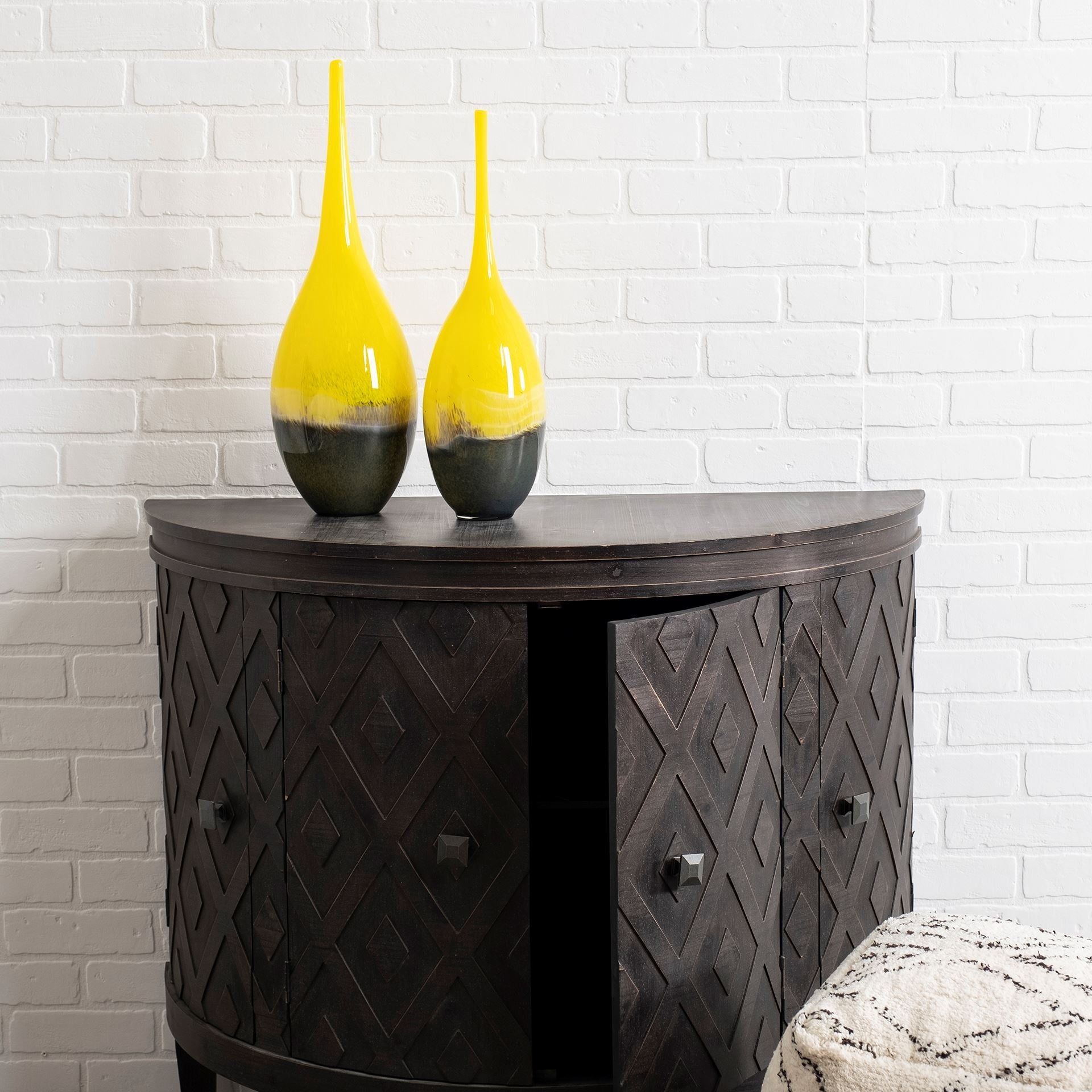 21" Yellow and Gray Handspun Glass Long-Neck Vase