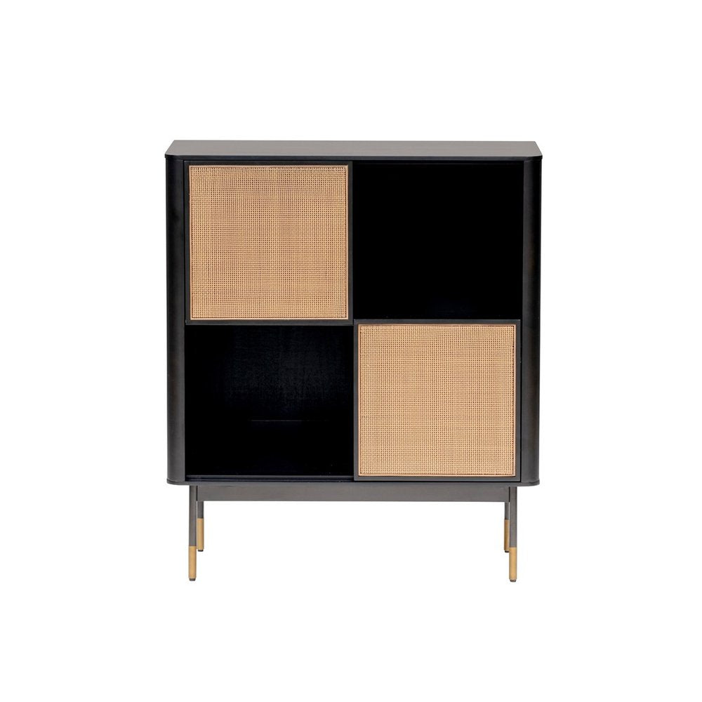 33" 4-Cabin Black Wood and Rattan Accent Cabinet