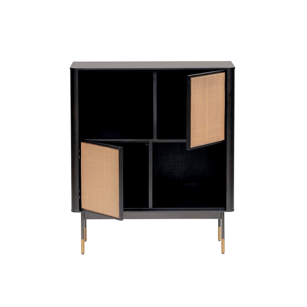 33" 4-Cabin Black Wood and Rattan Accent Cabinet