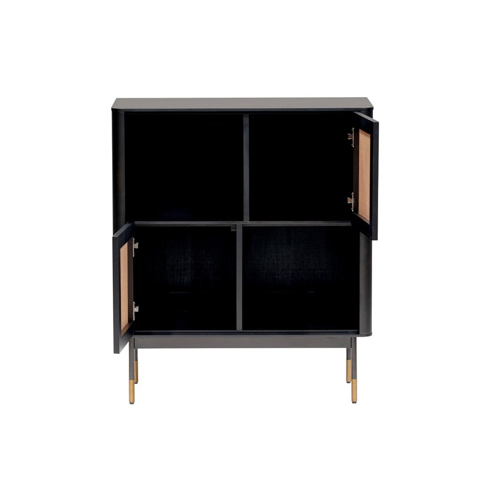 33" 4-Cabin Black Wood and Rattan Accent Cabinet