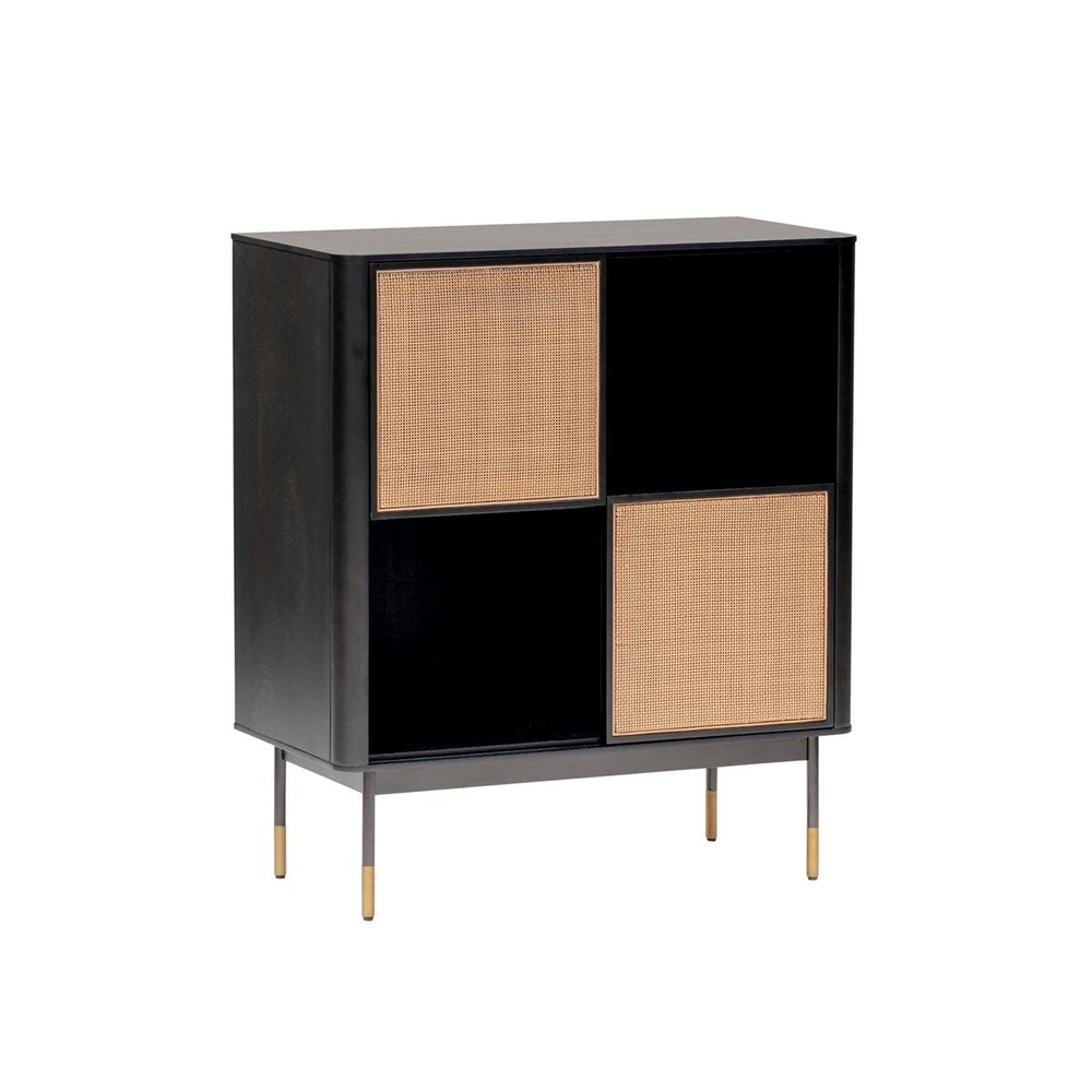 33" 4-Cabin Black Wood and Rattan Accent Cabinet