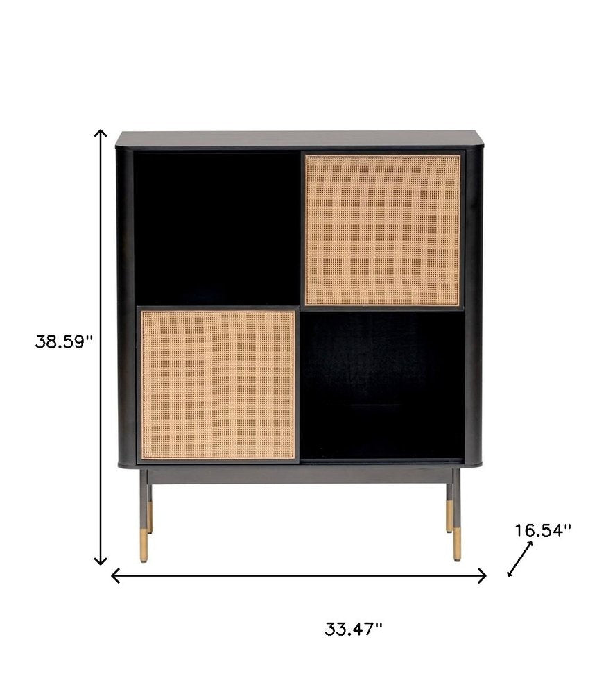 33" 4-Cabin Black Wood and Rattan Accent Cabinet