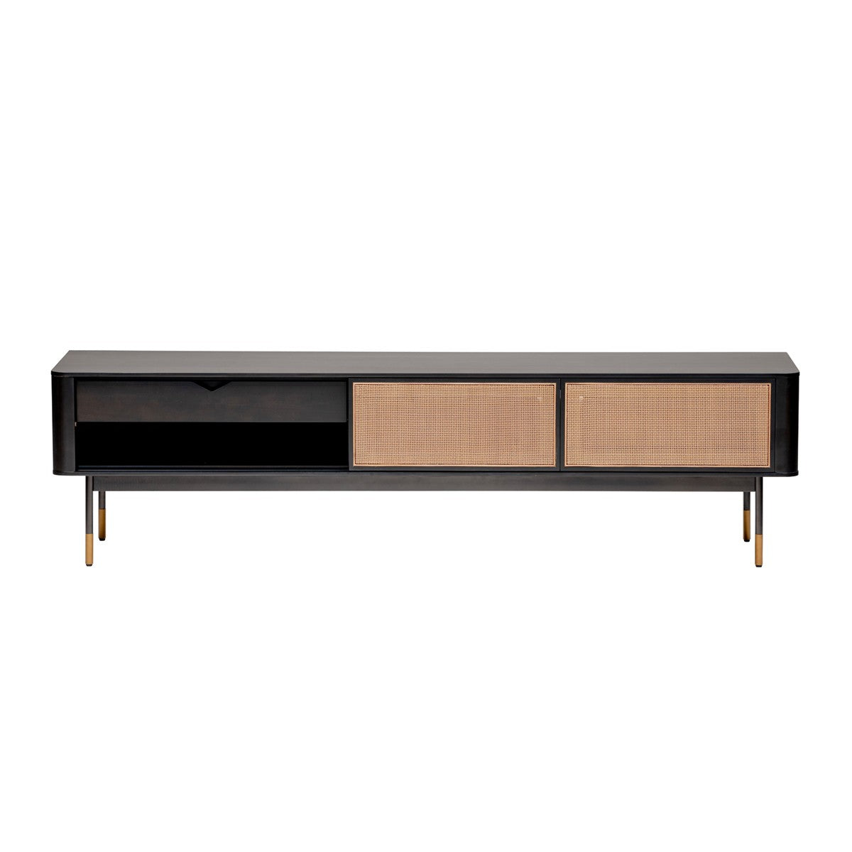70" Wood and Rattan Sliding Door Entertainment Stand