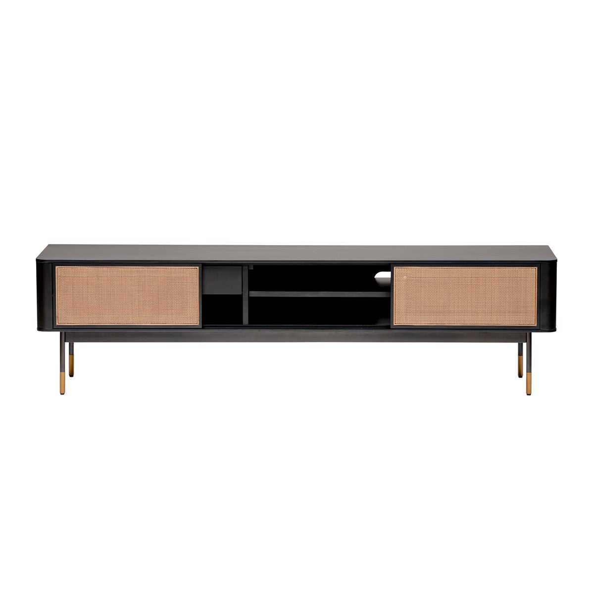 70" Wood and Rattan Sliding Door Entertainment Stand