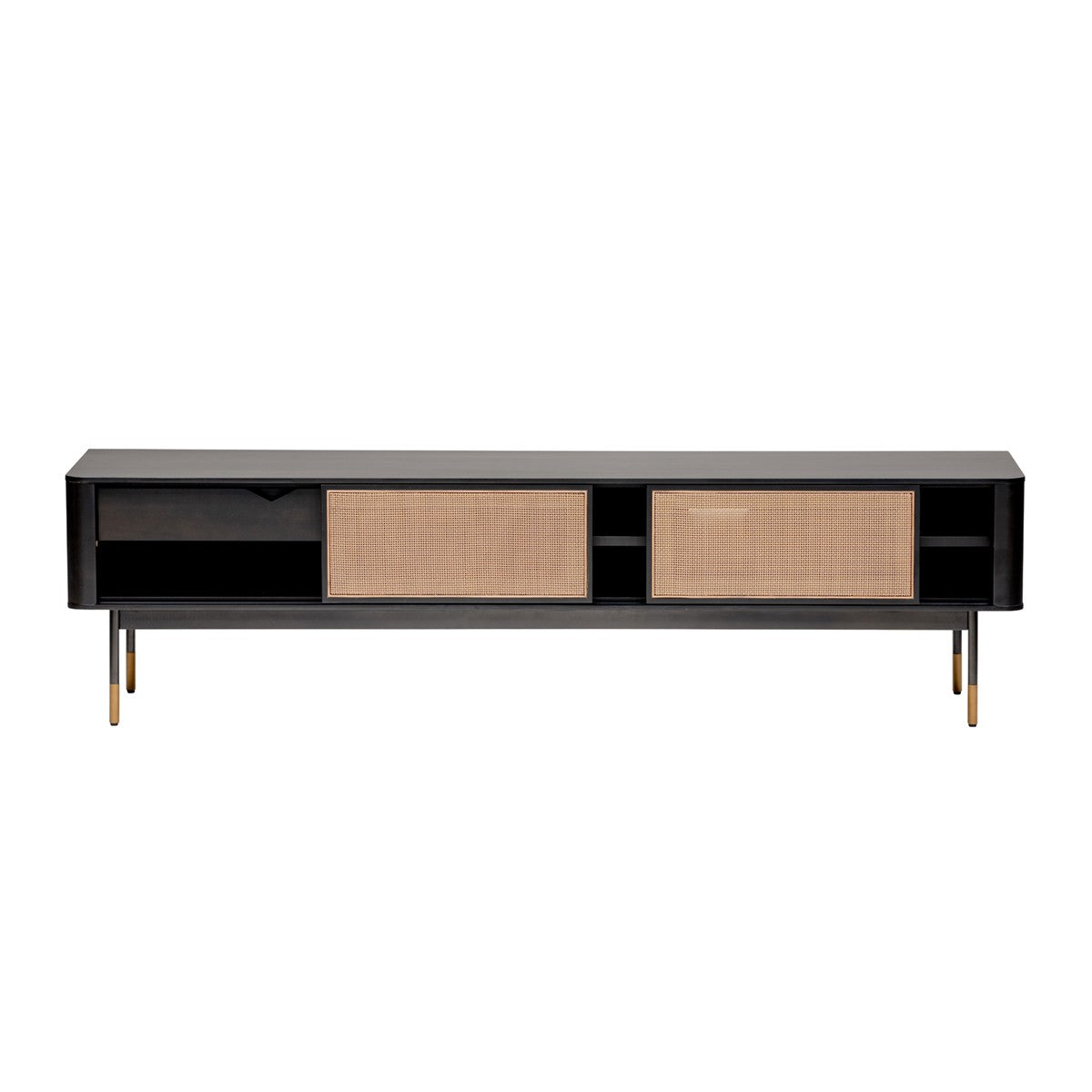 70" Wood and Rattan Sliding Door Entertainment Stand