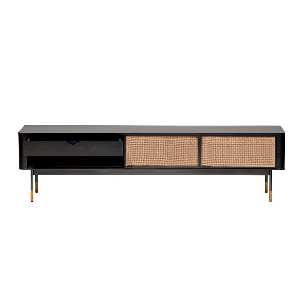 70" Wood and Rattan Sliding Door Entertainment Stand