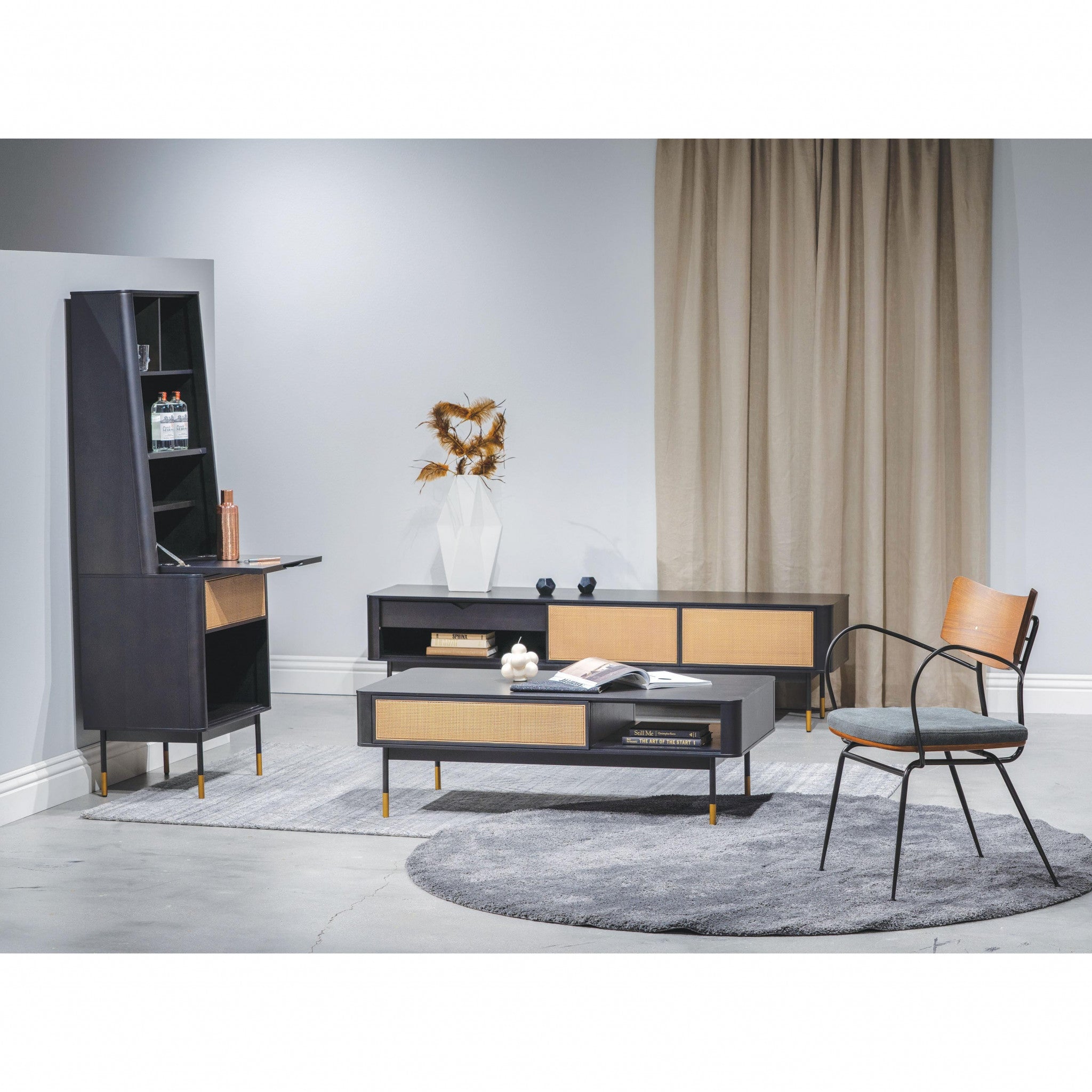 70" Wood and Rattan Sliding Door Entertainment Stand