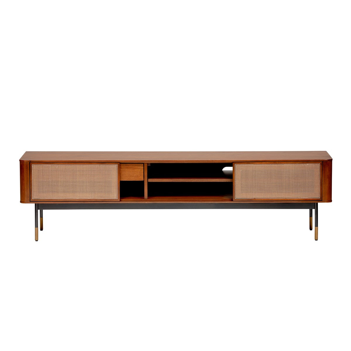 70" Wood and Rattan Sliding Door Entertainment Stand