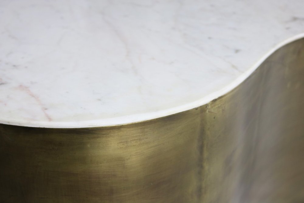 39" White and Brass Marble Free Form Coffee Table
