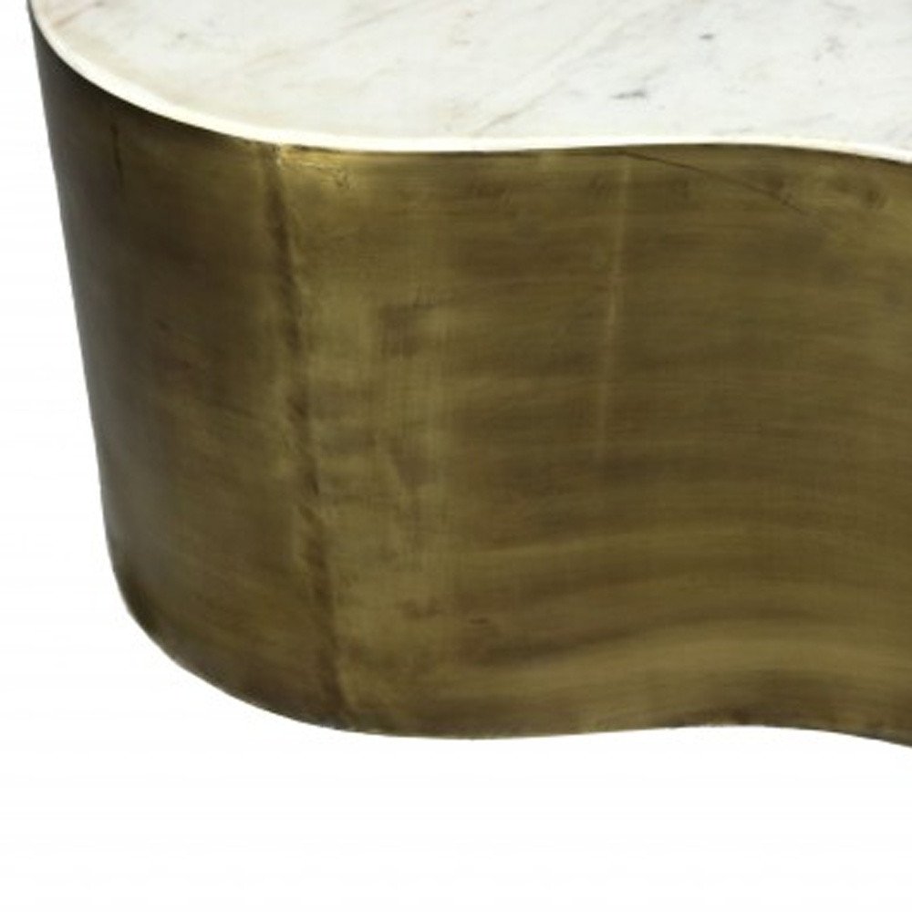 39" White and Brass Marble Free Form Coffee Table