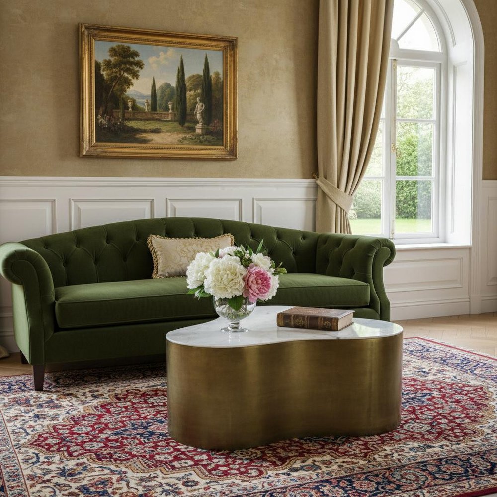 39" White and Brass Marble Free Form Coffee Table