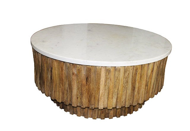 42" Brown Fluted Wood and Marble Coffee Table