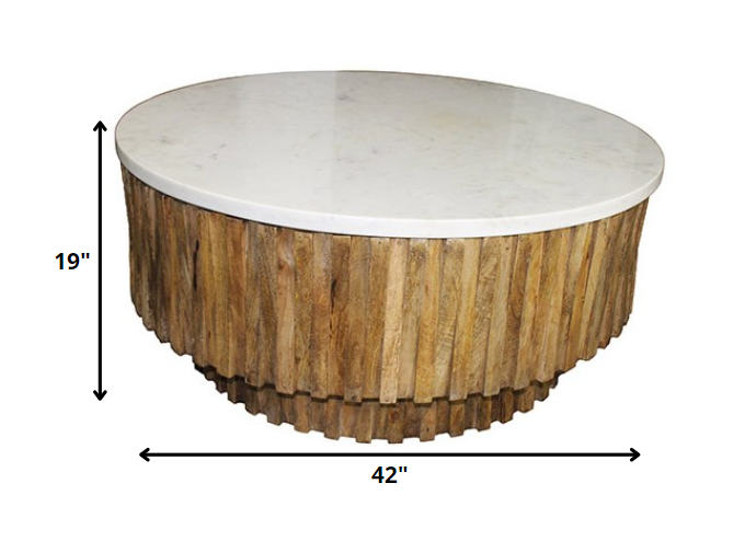 42" Brown Fluted Wood and Marble Coffee Table