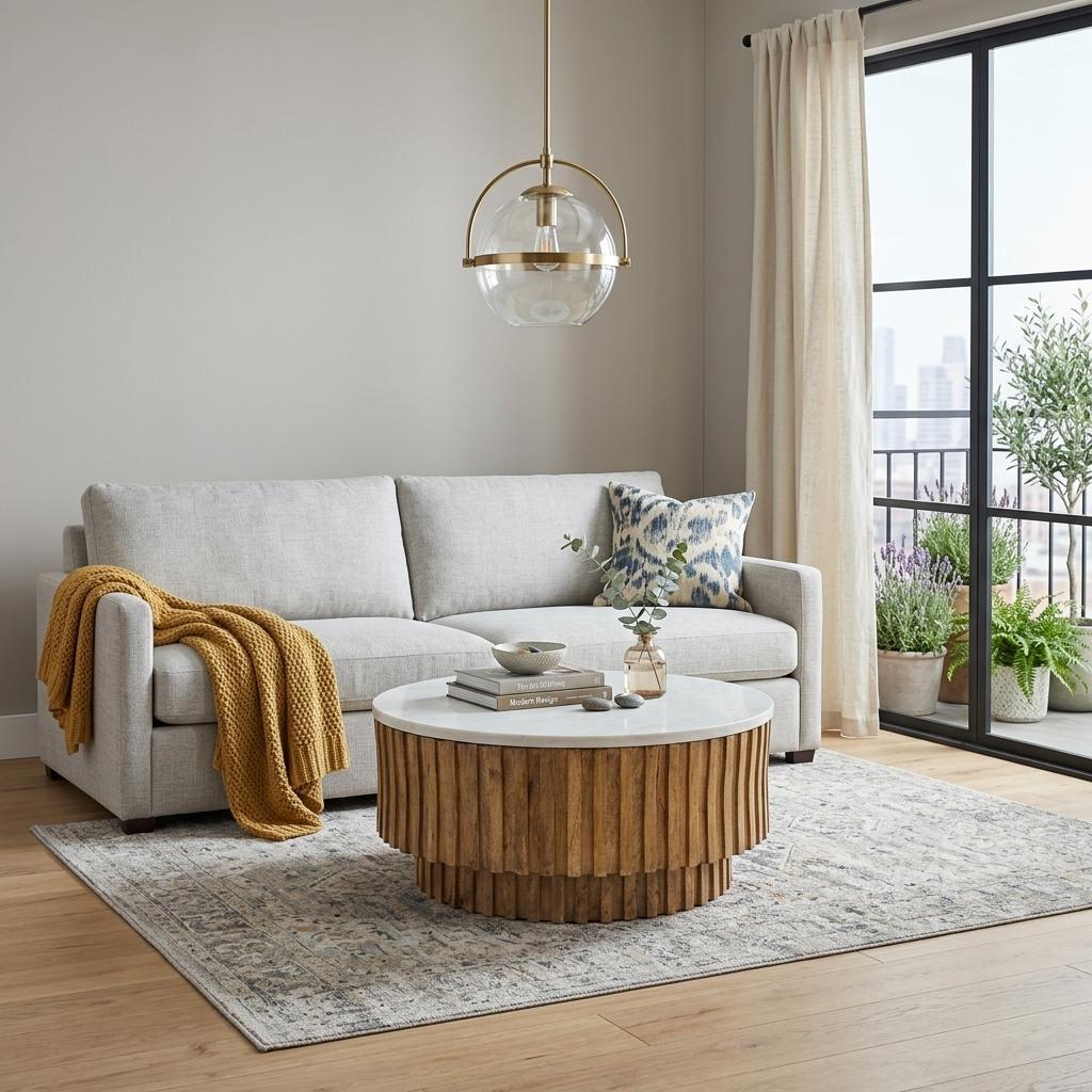 42" Brown Fluted Wood and Marble Coffee Table