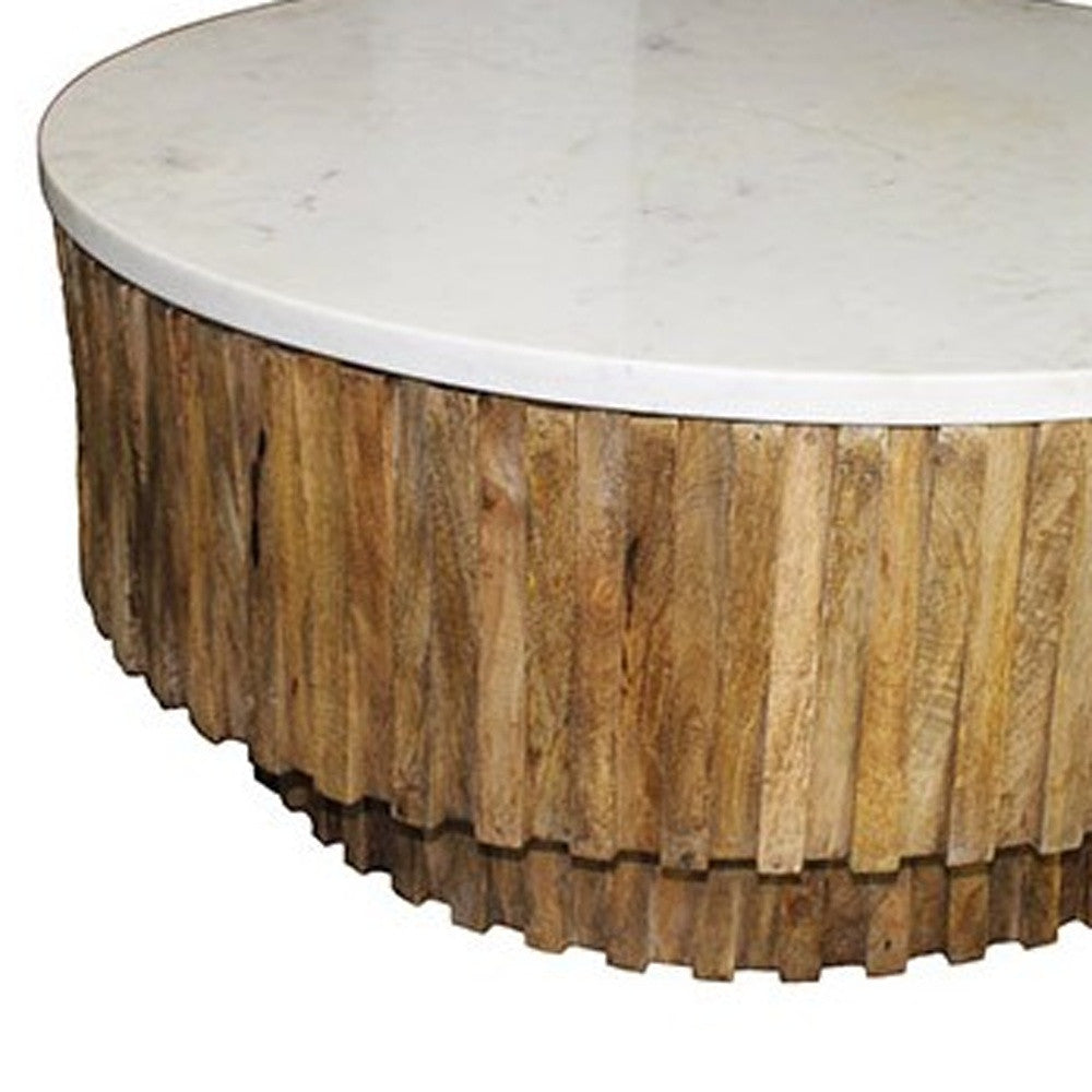 42" Brown Fluted Wood and Marble Coffee Table