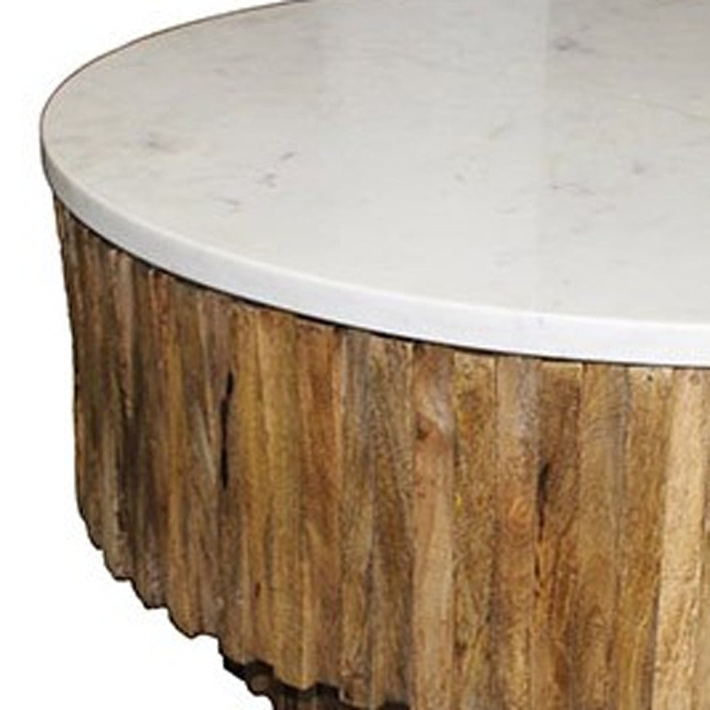 42" Brown Fluted Wood and Marble Coffee Table