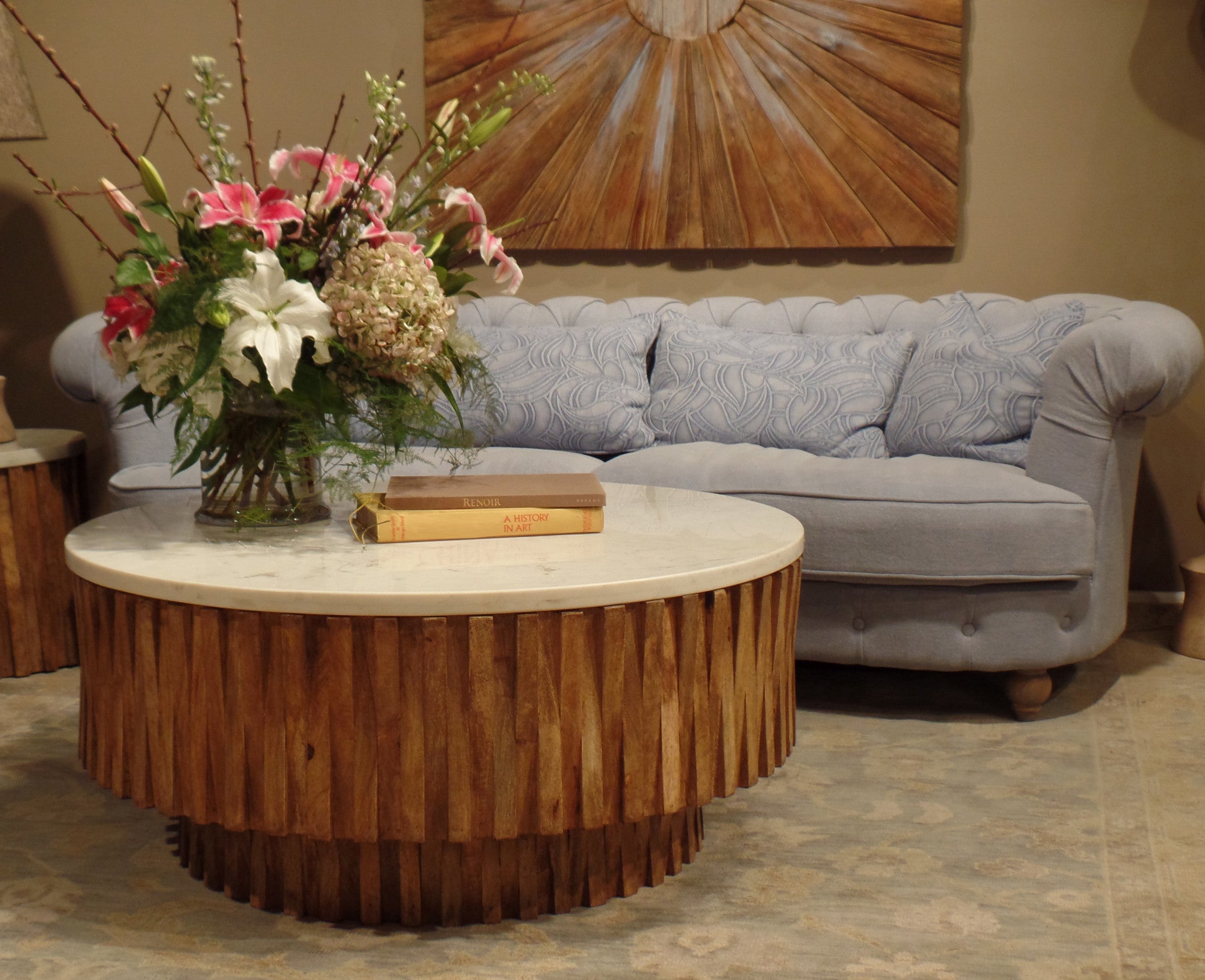 42" Brown Fluted Wood and Marble Coffee Table