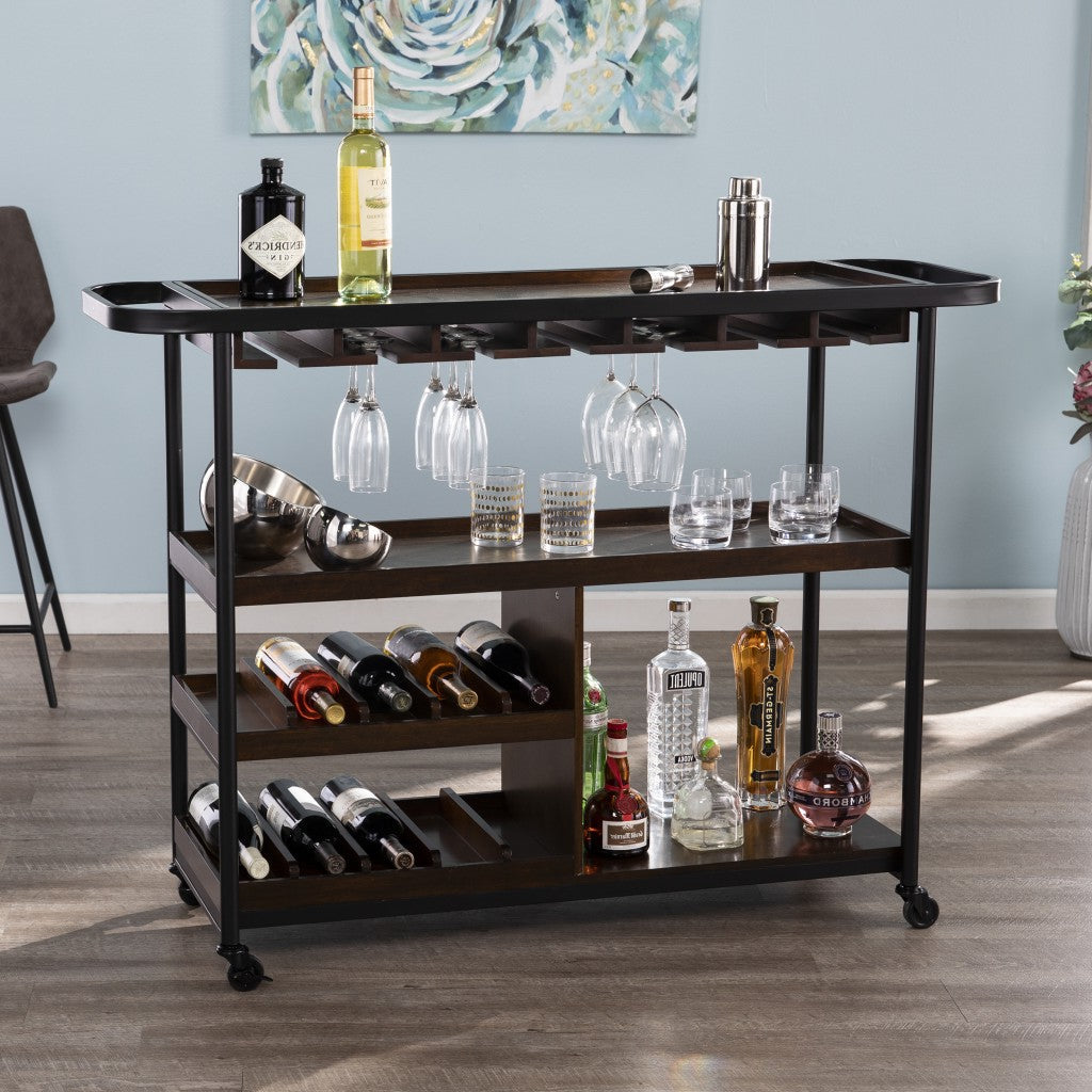 50" Brown Wood Rolling Serving Car with Wine Storage