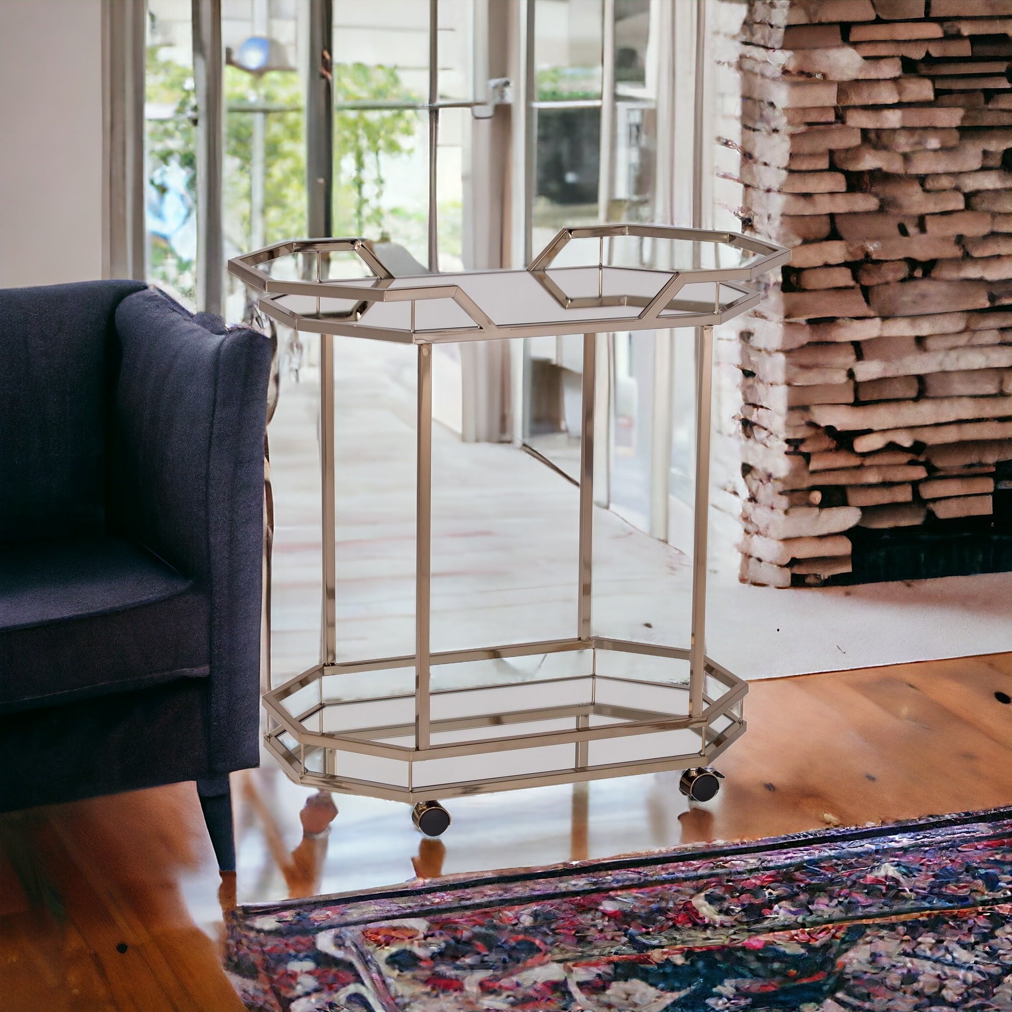 31" Silver Octagon Rolling Bar Cart