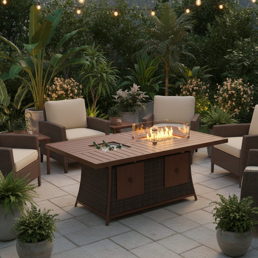 70" Wicker Square Fire Pit and Ice Bucket Table
