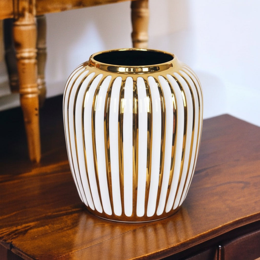 6" White and Gold Stripped Deco Vase