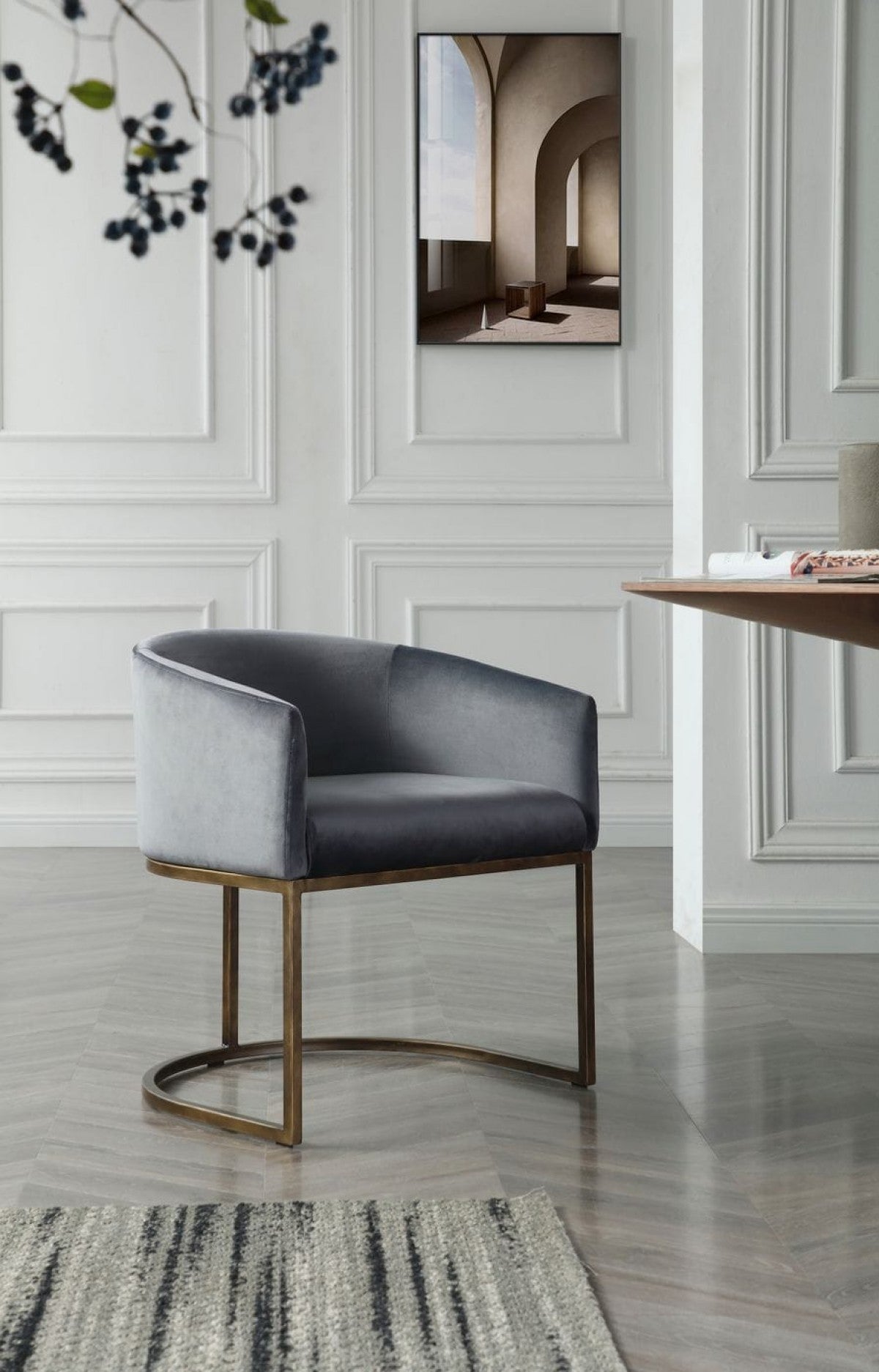 24" Gray Velvet Brass Barrel Dining Chair