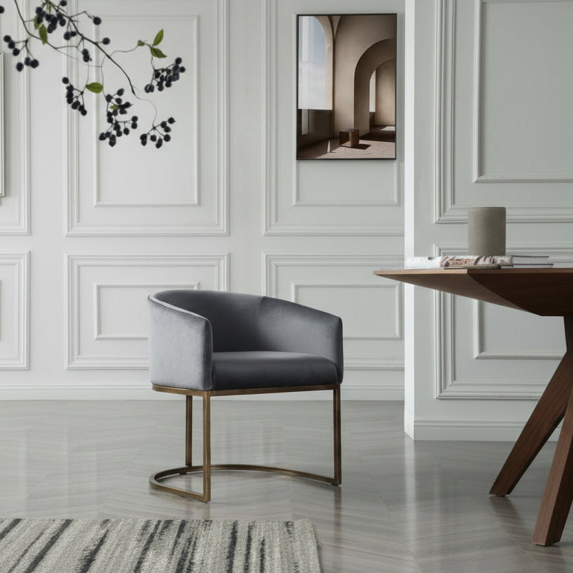 24" Gray Velvet Brass Barrel Dining Chair