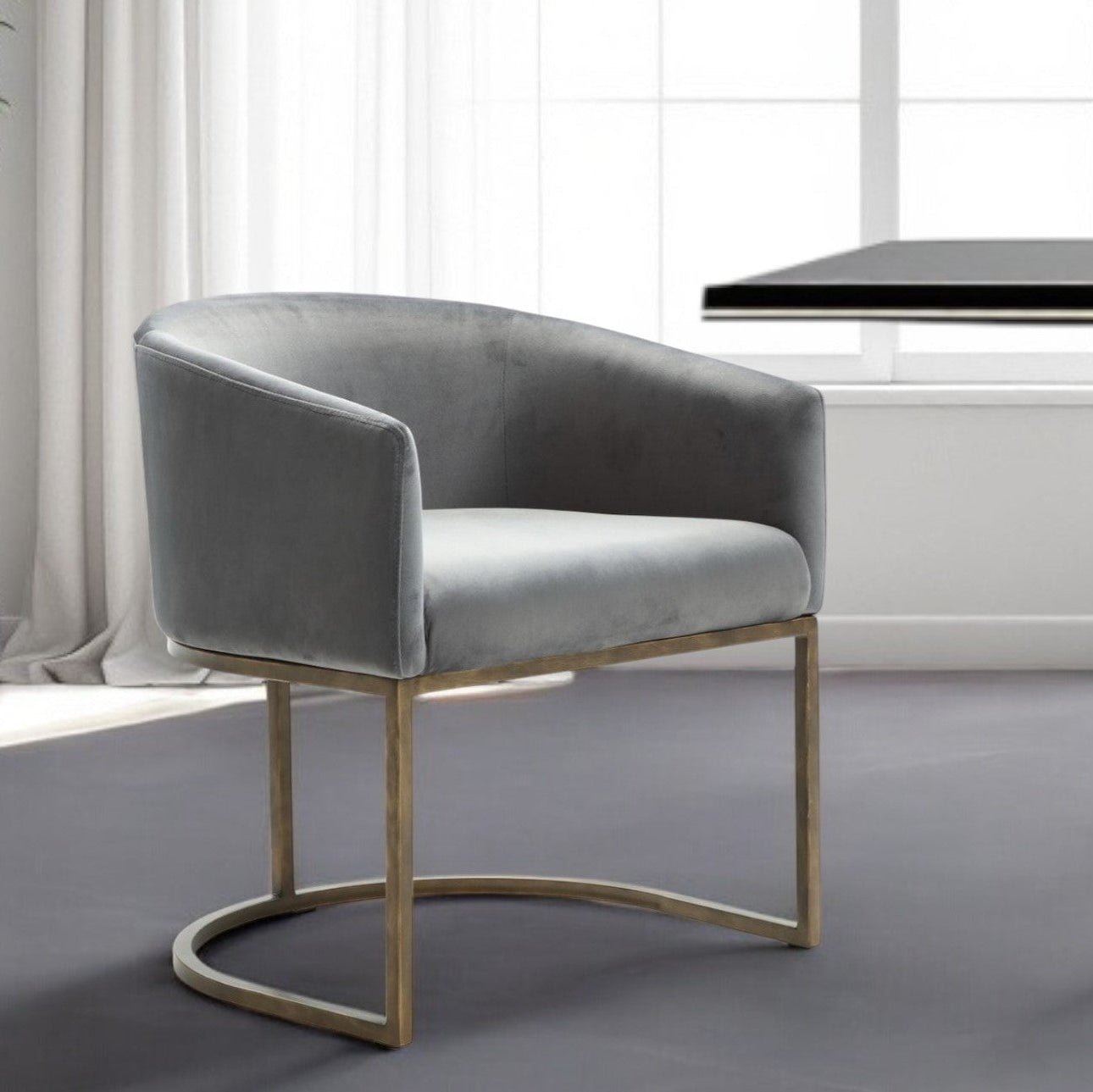 24" Gray Velvet Brass Barrel Dining Chair