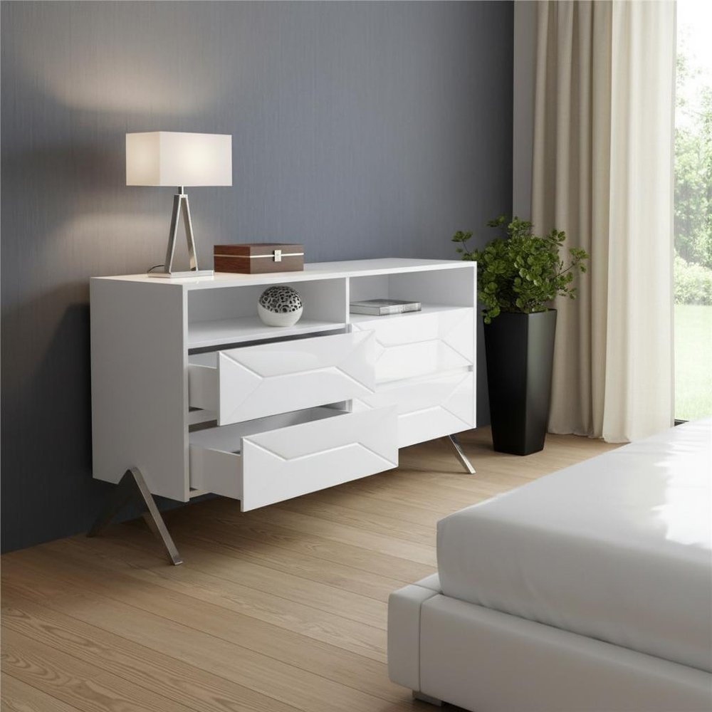 61" Gloss White Contemporary Dresser with Shelf