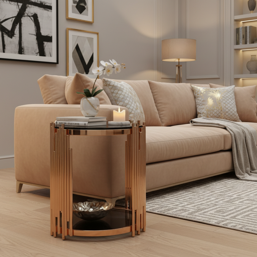 22" Gold and Smoked Glass Round End Table