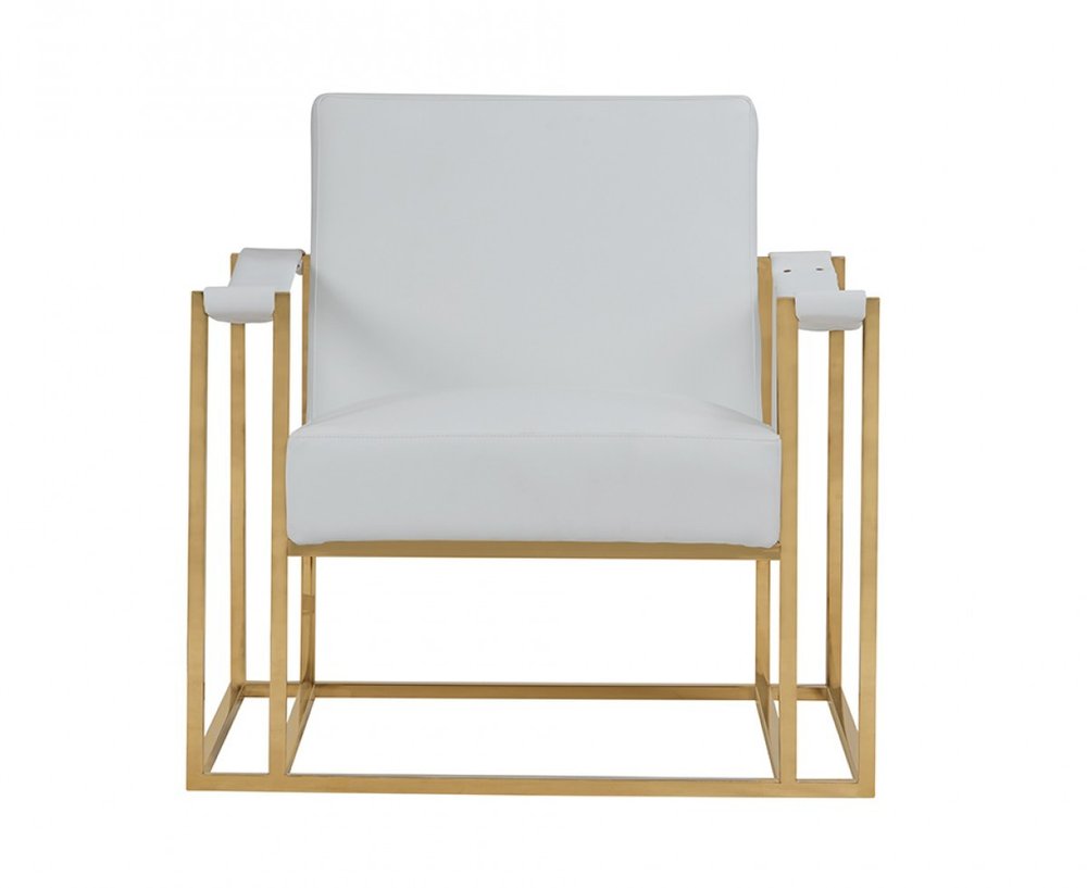 31" White and Gold Faux Leather Lounge Chair